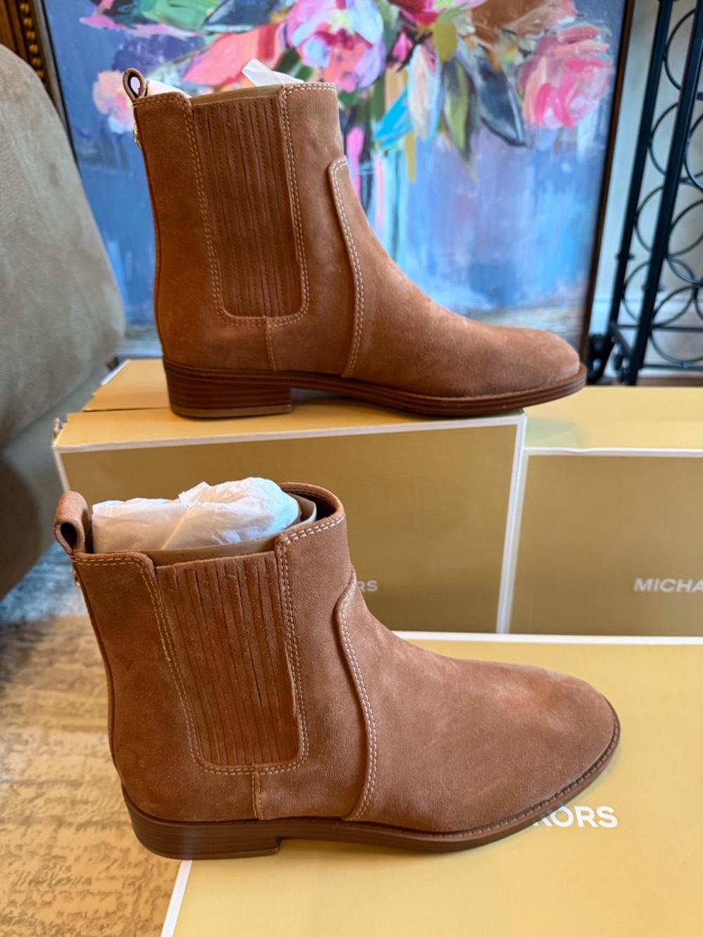 Michael Kors Suede Ankle Booties in Cognac Brown